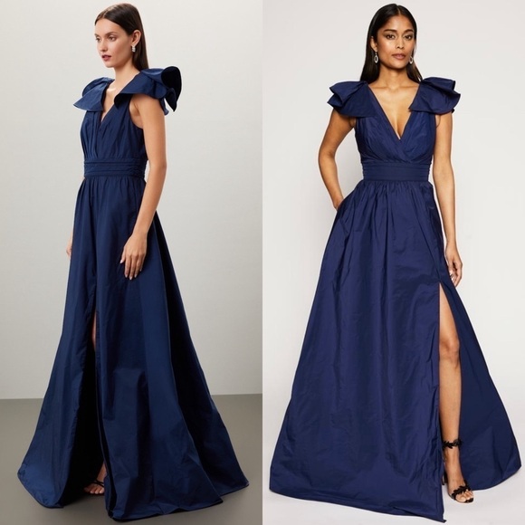 MARCHESA Navy Taffeta Ruffled Shoulder V-Neck Ruched Waist Low Back Ball Gown 4 - Picture 1 of 13